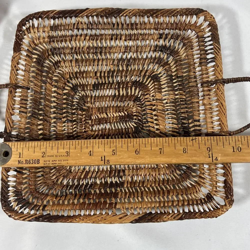 Vintage Wicker Basket Wall Art Hanging Handles Boho Farmhouse Tray 9.75” Square